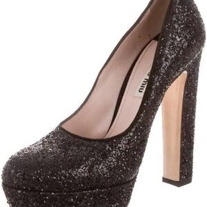 Miu Miu Camosci Black Glitter Block Heel Pumps EU 41 Size 11B
